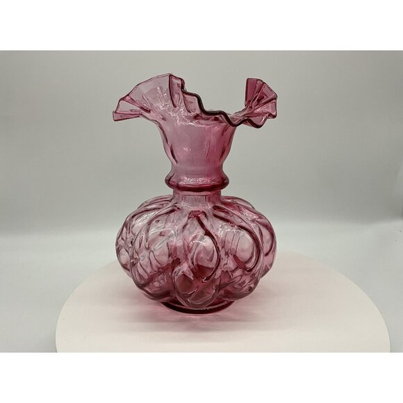 FENTON Cranberry Melon Vase Art Glass Optic Coin Dot Vase Ruffled Edge 8" Tall - Picture 9 of 16